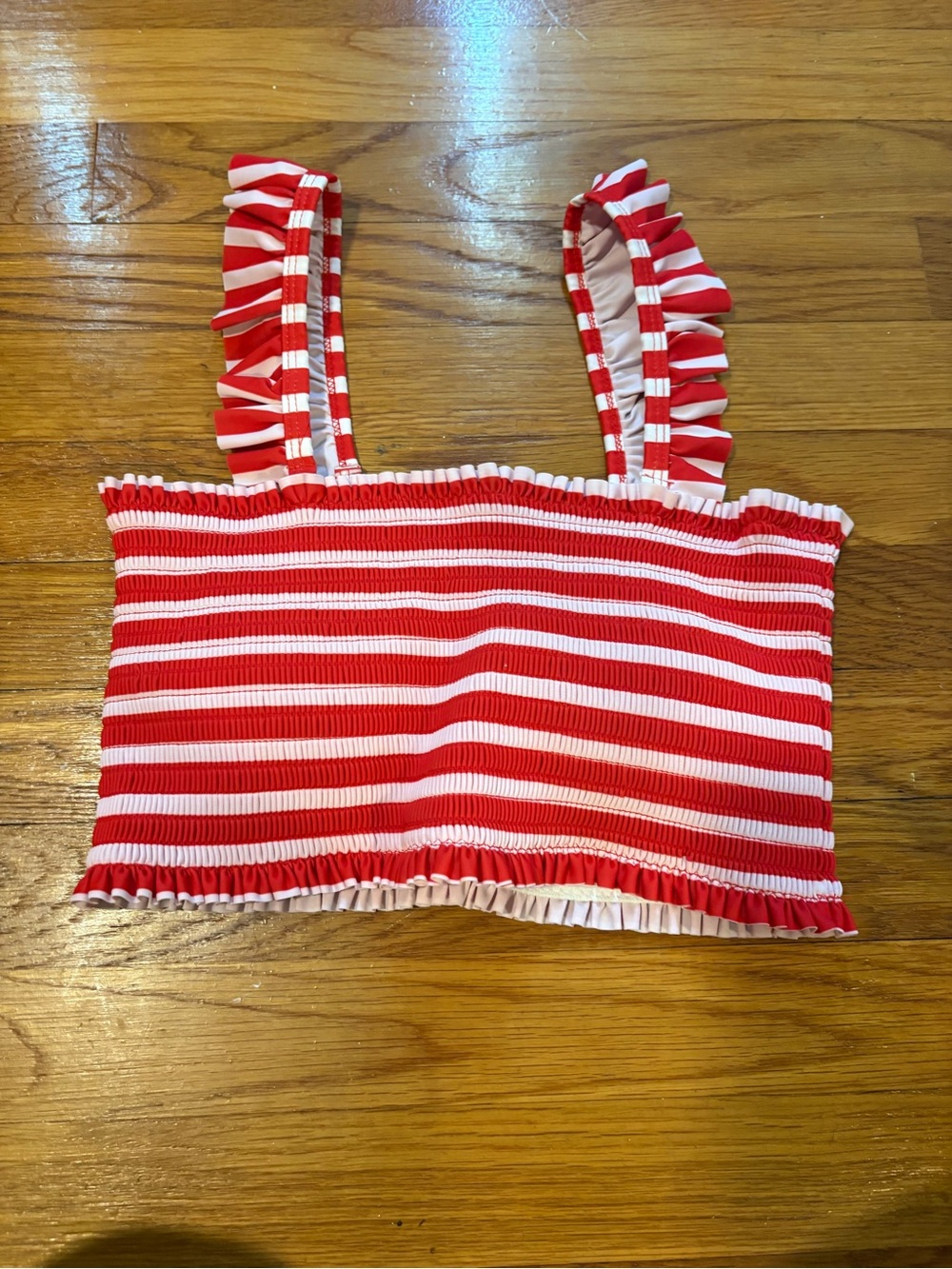 Summer Mae Smocked Ruffle Bikini Top Red Pink Stripe Swimsuit Top Size S